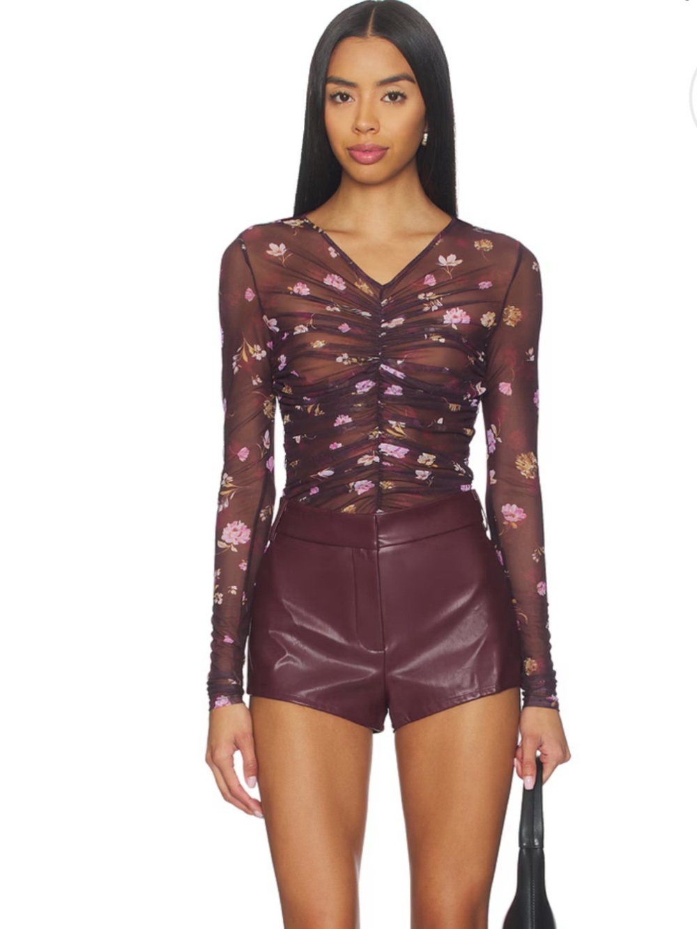 Favorite Daughter Burgundy Floral Ruched Mesh Top